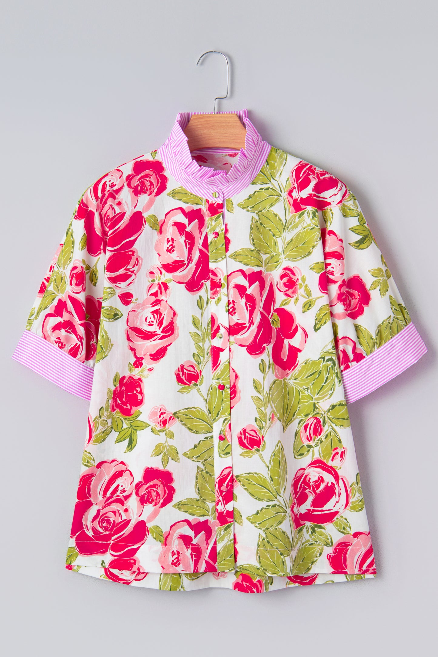 Pink Flower Print Striped Trim Frilled Collar Short Sleeve Shirt-Tops/Blouses & Shirts-[Adult]-[Female]-2022 Online Blue Zone Planet