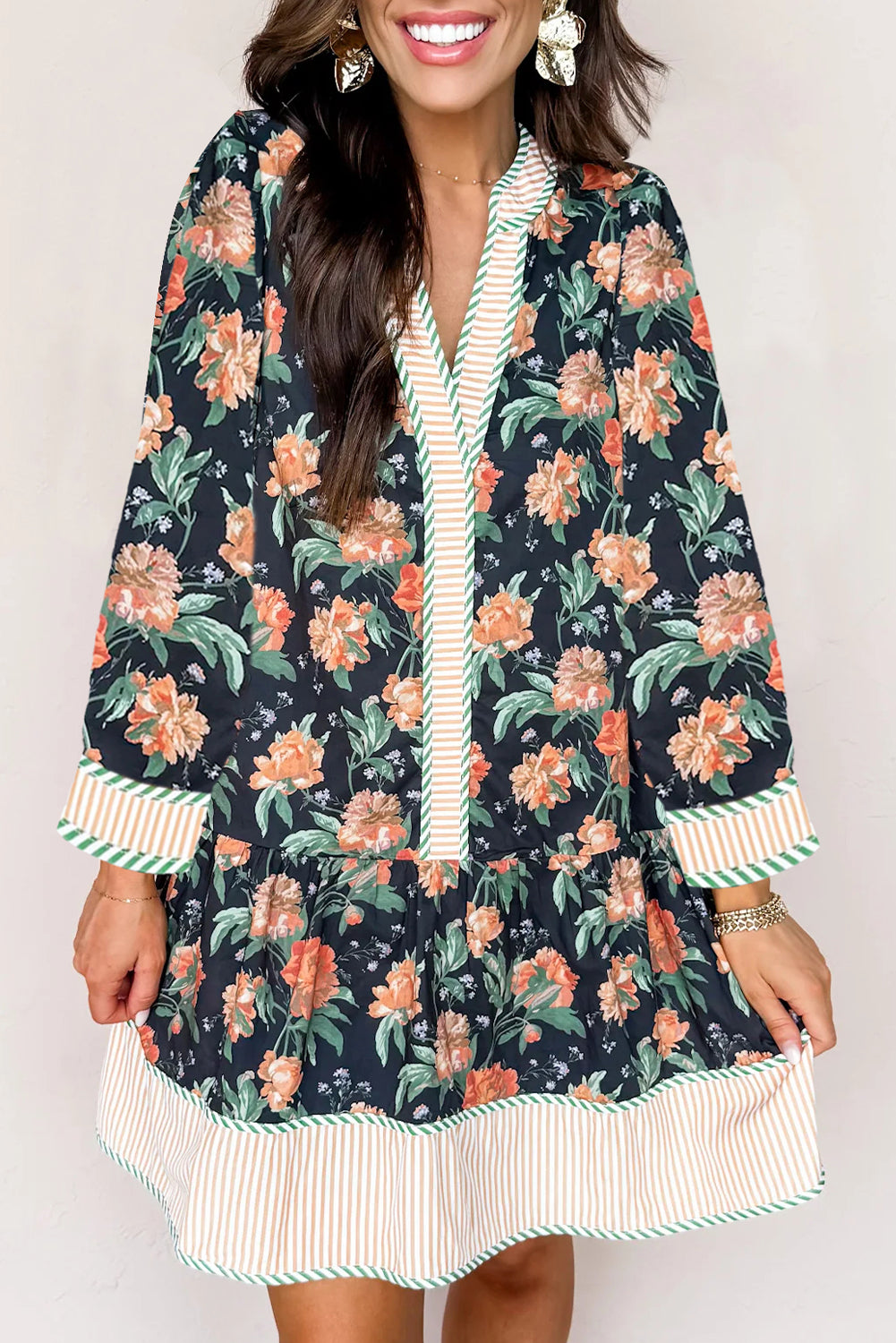 Blue Floral Print Striped Trim V Neck Long Sleeve Ruffle Hem Shift Mini Dress-TOPS / DRESSES-[Adult]-[Female]-2022 Online Blue Zone Planet