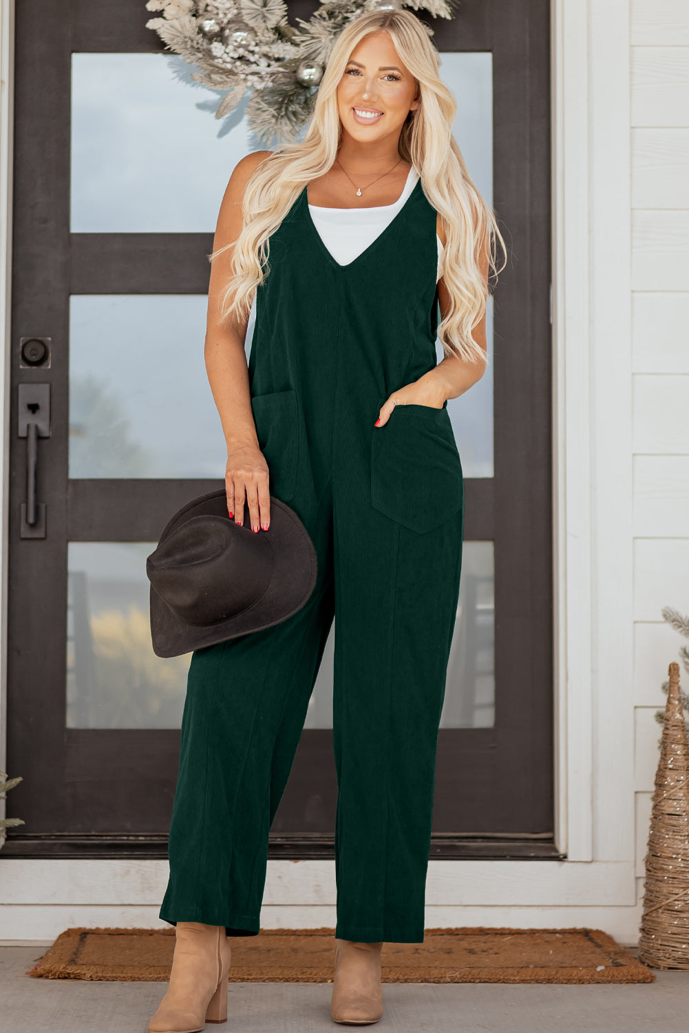 Evergreen Corduroy V Neck Patched Pocket Sleeveless Jumpsuit-Bottoms/Jumpsuits & Rompers-[Adult]-[Female]-2022 Online Blue Zone Planet