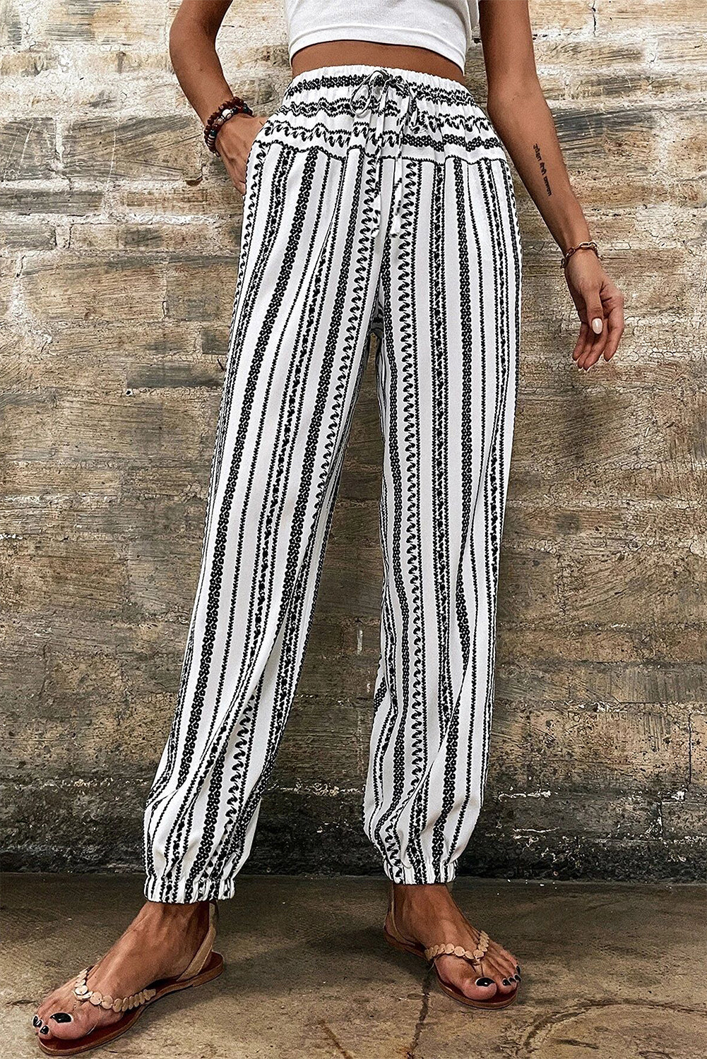 Black Stripe Boho Print Drawstring Elastic Waistband Casual Joggers-Bottoms/Pants & Culotte-[Adult]-[Female]-Black Stripe-S-2022 Online Blue Zone Planet