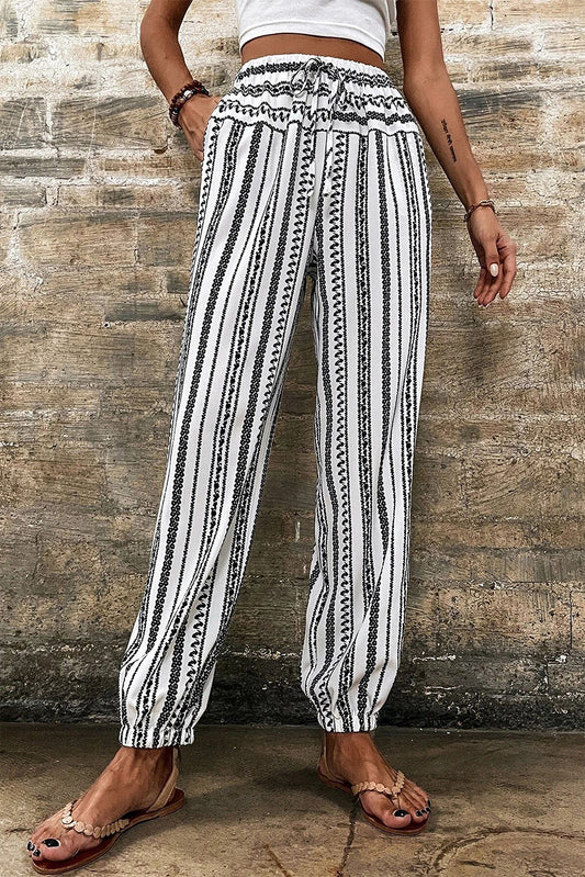 Black Stripe Boho Print Drawstring Elastic Waistband Casual Joggers-Bottoms/Pants & Culotte-[Adult]-[Female]-Black Stripe-S-2022 Online Blue Zone Planet