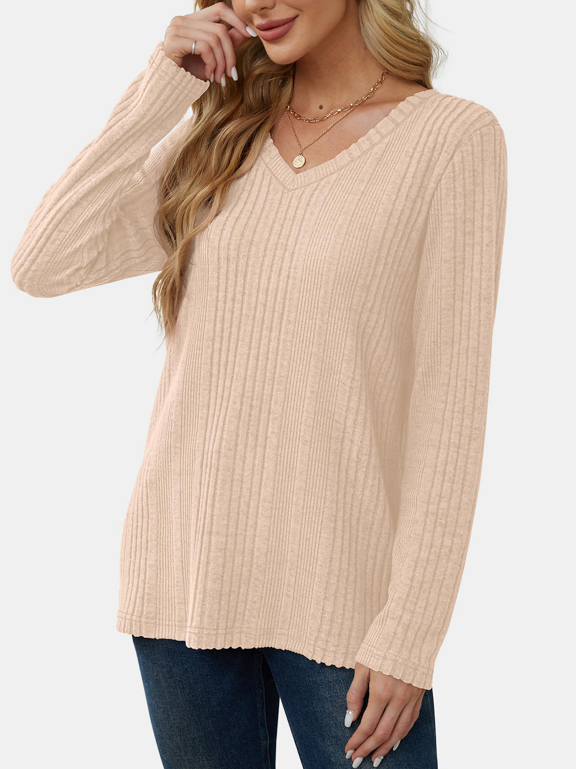 V-Neck Long Sleeve T-Shirt-TOPS / DRESSES-[Adult]-[Female]-Beige-S-2022 Online Blue Zone Planet