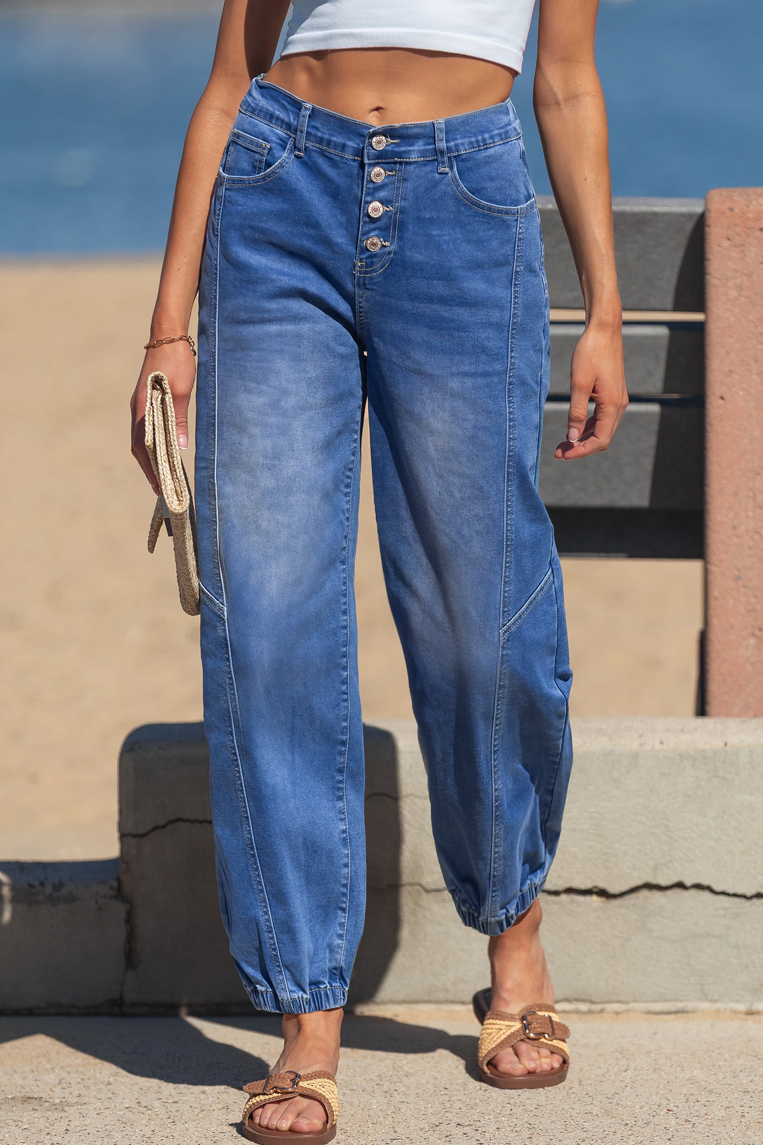 Blue 4 Buttons Front Tapered Casual Loose Fit Jeans-Bottoms/Jeans-[Adult]-[Female]-2022 Online Blue Zone Planet