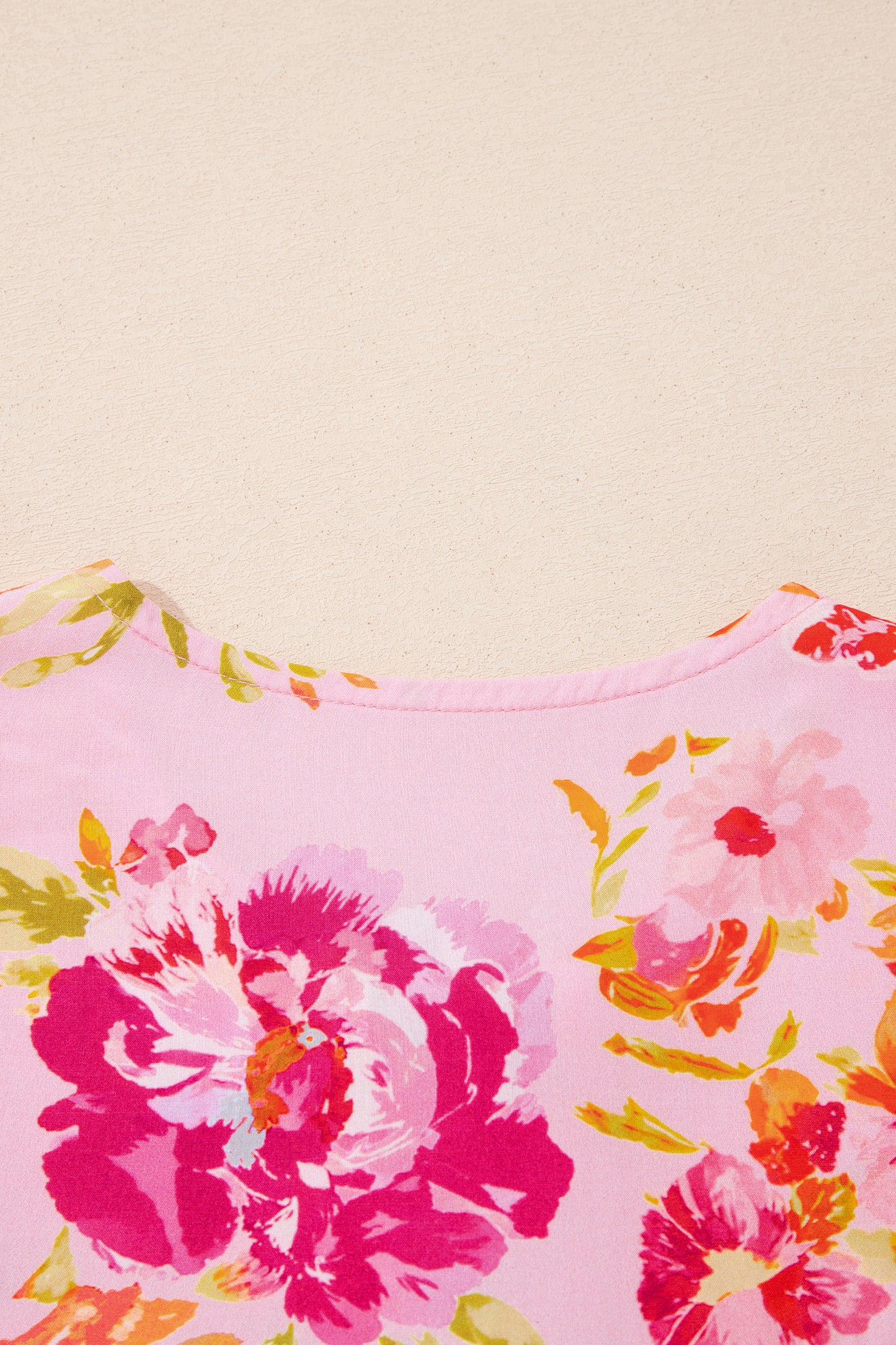 Pink Floral Print Tie Neck Puffy Half Sleeve Blouse-Tops/Blouses & Shirts-[Adult]-[Female]-2022 Online Blue Zone Planet