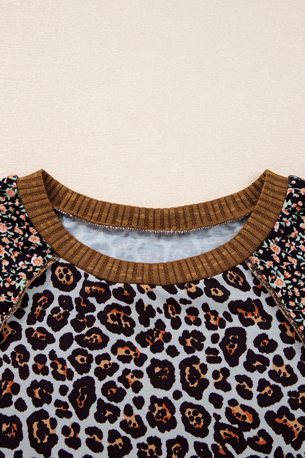 Brown Leopard Floral Print Ribbed Puff Sleeve Patchwork Loose Pullover-Tops/Long Sleeve Tops-[Adult]-[Female]-2022 Online Blue Zone Planet