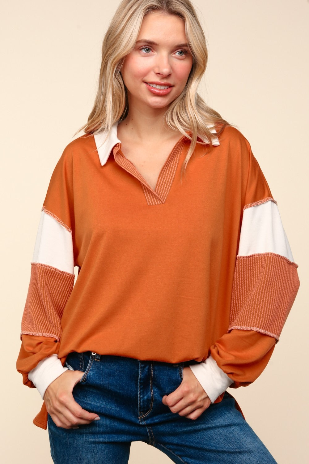 Haptics Color Block Exposed Seam Long Sleeve Top-TOPS / DRESSES-[Adult]-[Female]-Rust-S-2022 Online Blue Zone Planet