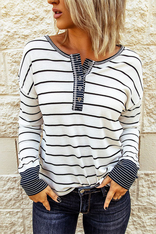 White Striped Buttoned Henley Waffle Knit Top-Tops/Blouses & Shirts-[Adult]-[Female]-White-S-2022 Online Blue Zone Planet