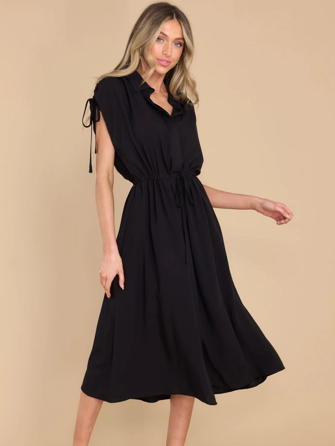 Blue Zone Planet | Drawstring Collared Neck Short Sleeve Midi Dress-TOPS / DRESSES-[Adult]-[Female]-2022 Online Blue Zone Planet