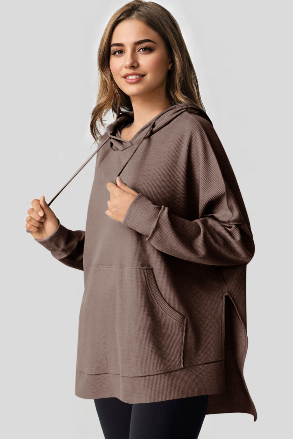 Gray Waffle Knit Fleece Lined High Low Oversized Hoodie-Tops/Sweatshirts & Hoodies-[Adult]-[Female]-2022 Online Blue Zone Planet