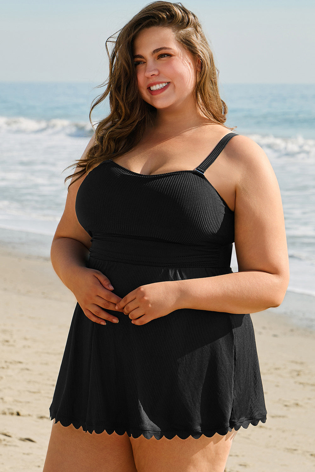 Black Plus Size Textured Scalloped Trim Swim Dress with Panty-TOPS / DRESSES-[Adult]-[Female]-2022 Online Blue Zone Planet