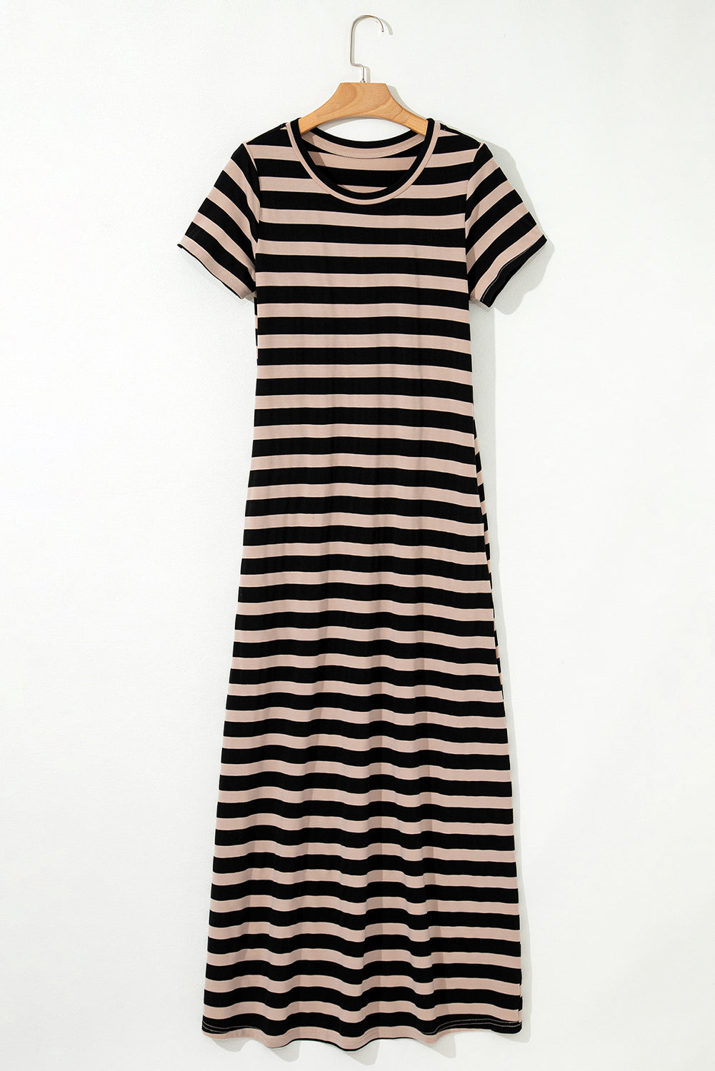 Black Stripe Casual Round Neck T-Shirt Maxi Dress With Pockets-Dresses/T Shirt Dresses-[Adult]-[Female]-2022 Online Blue Zone Planet