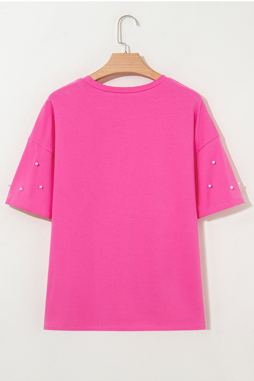 Bright Pink Pearl Beaded Drop Shoulder Crewneck T Shirt-Tops/Tops & Tees-[Adult]-[Female]-2022 Online Blue Zone Planet