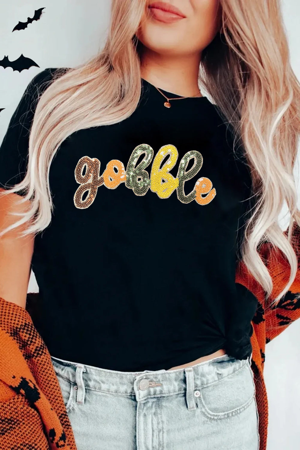 Black gobble Sequin Letter Graphic Thanksgiving T Shirt-Graphic/Graphic Tees-[Adult]-[Female]-2022 Online Blue Zone Planet