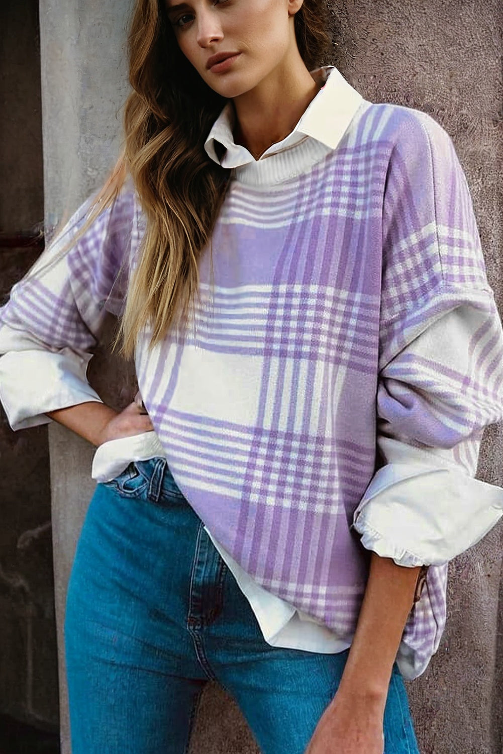 Lilac Plaid Print Ribbed Trim Loose Sweater-TOPS / DRESSES-[Adult]-[Female]-2022 Online Blue Zone Planet