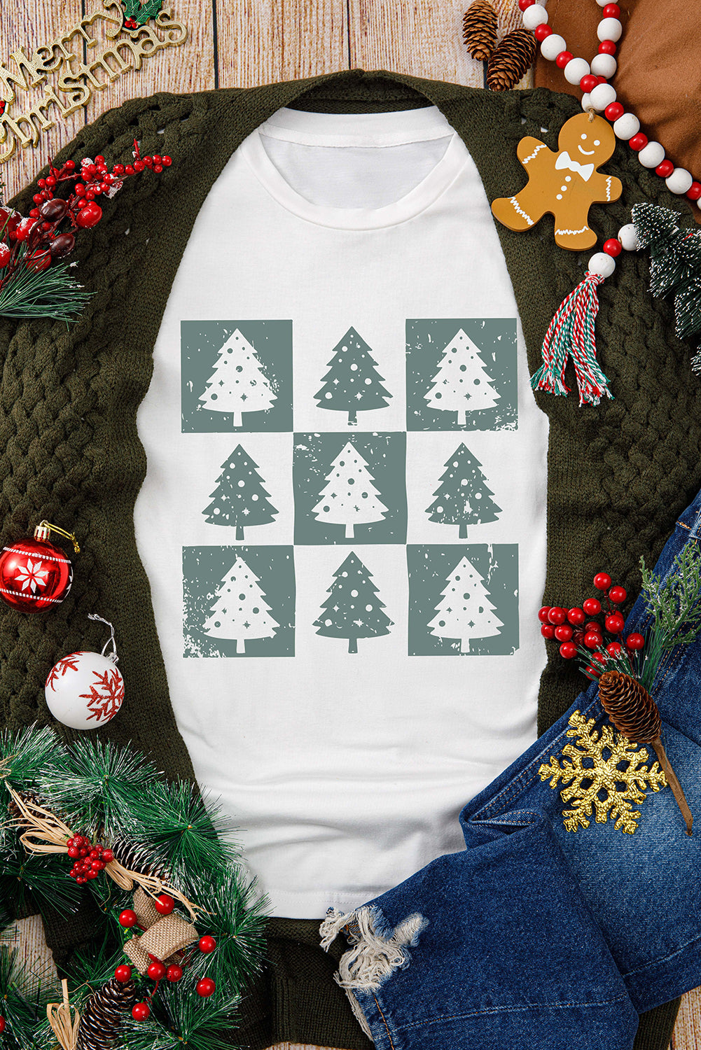 White Christmas Tree Checkered Distressed Graphic Oversize Tee-Graphic/Graphic Tees-[Adult]-[Female]-2022 Online Blue Zone Planet