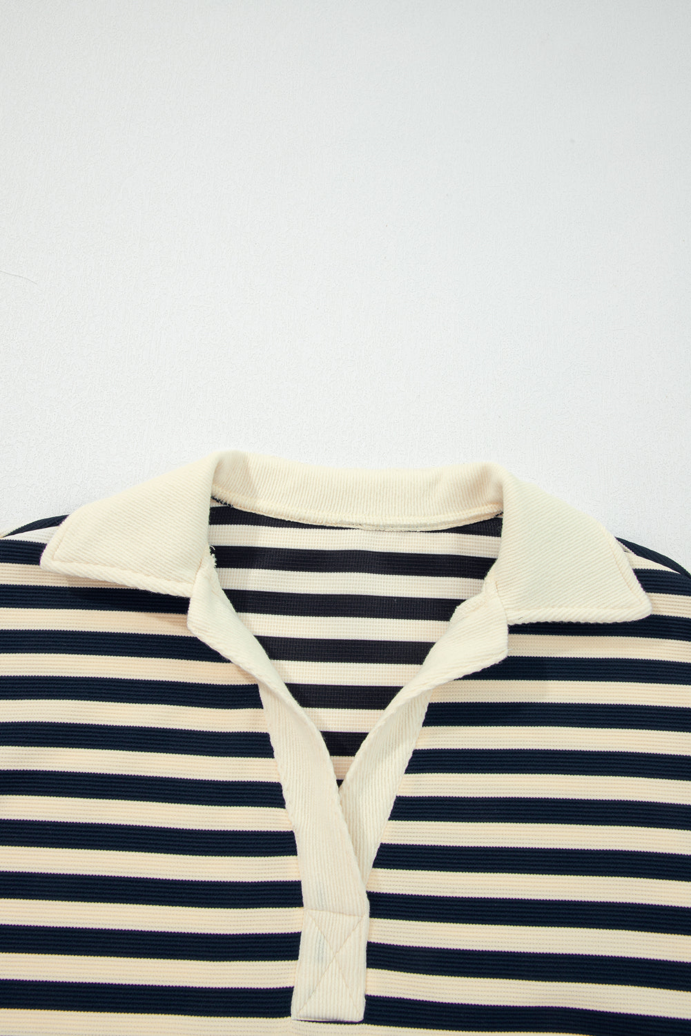 Blue Stripe Collared V Neck Long Sleeve Casual Top-Tops/Long Sleeve Tops-[Adult]-[Female]-2022 Online Blue Zone Planet
