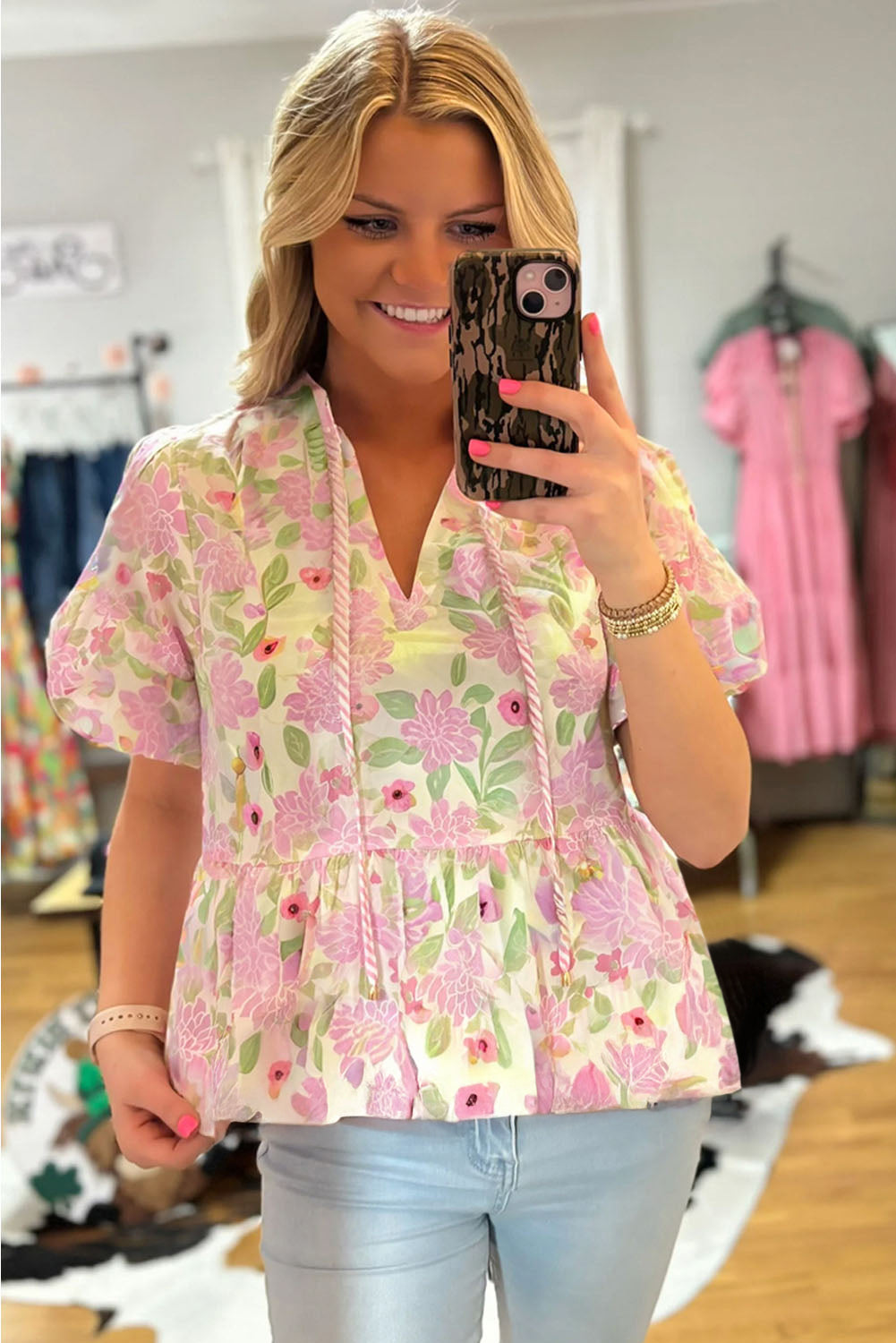 Pink Floral Print Drawstring V Neck Peplum Blouse-Tops/Blouses & Shirts-[Adult]-[Female]-2022 Online Blue Zone Planet
