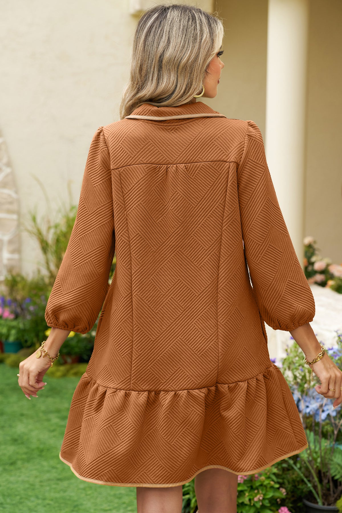 Desert Gold  Quarter Zip Collar Bracelet Sleeve Textured Mini Dress