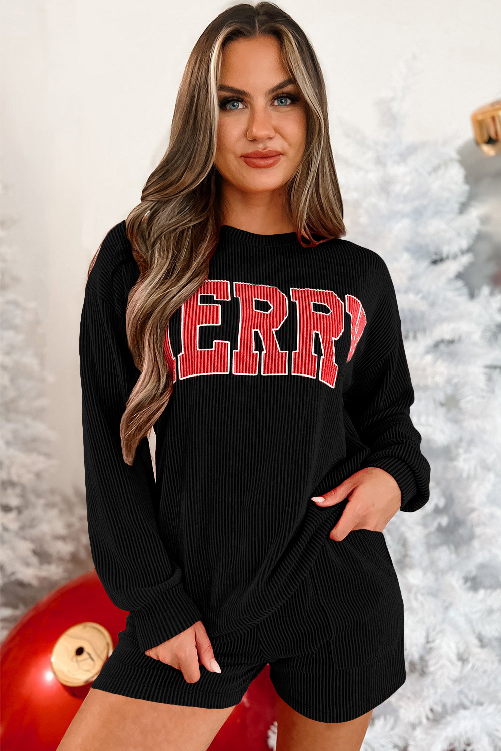 Racing Red Corded MERRY Long Sleeve Top and Shorts Pajama Set-Loungewear Set-[Adult]-[Female]-2022 Online Blue Zone Planet