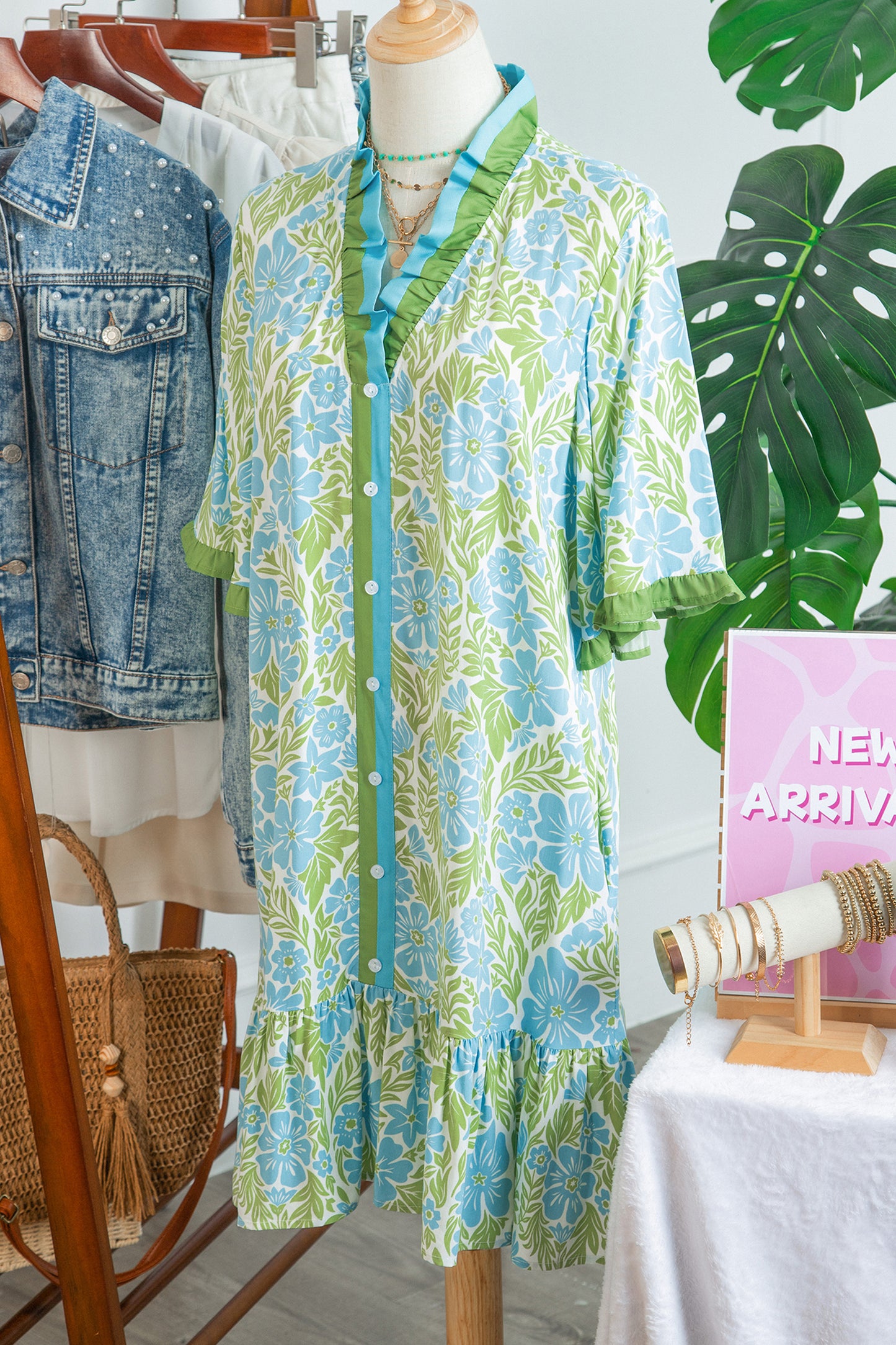 Sky Blue Botanical Floral Print Frilled Trim V Neck Button Front Loose Dress-TOPS / DRESSES-[Adult]-[Female]-2022 Online Blue Zone Planet