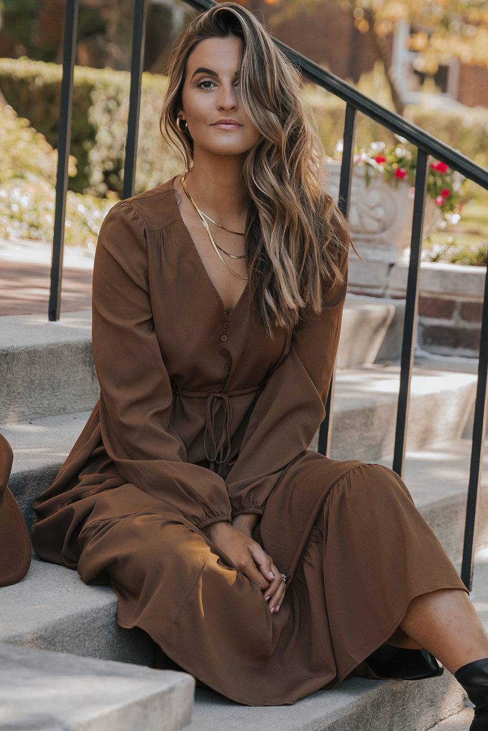 Chestnut Solid Long Sleeve Button V Neck Tiered Maxi Dress-Dresses/Maxi Dresses-[Adult]-[Female]-2022 Online Blue Zone Planet