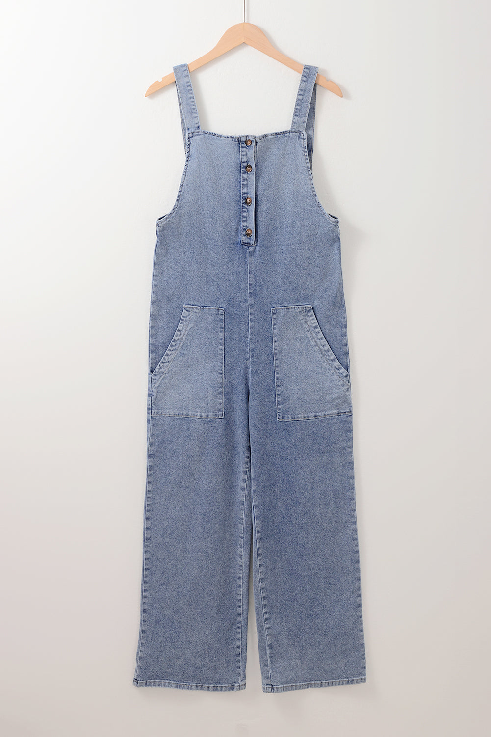 Blue Zone Planet | Stone Blue Washed Denim Half Buttons Patched Pocket Wide Leg Overalls-Bottoms/Jumpsuits & Rompers-[Adult]-[Female]-2022 Online Blue Zone Planet