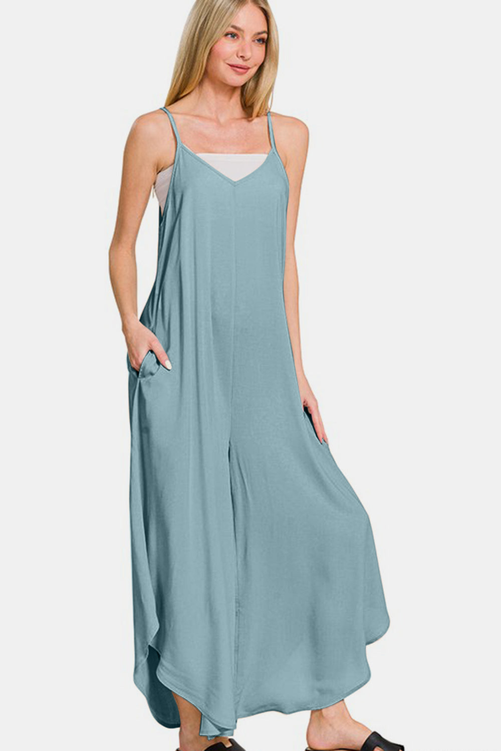 Zenana Spaghetti Strap Wide Leg Overalls with Pockets-TOPS / DRESSES-[Adult]-[Female]-2022 Online Blue Zone Planet