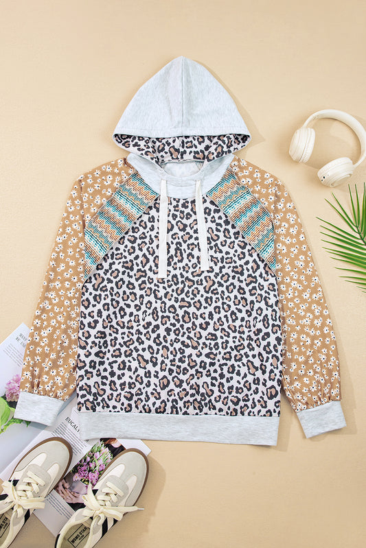 Multicolor Leopard Floral Patchwork Drawstring Hoodie-Tops / Dresses-[Adult]-[Female]-2022 Online Blue Zone Planet