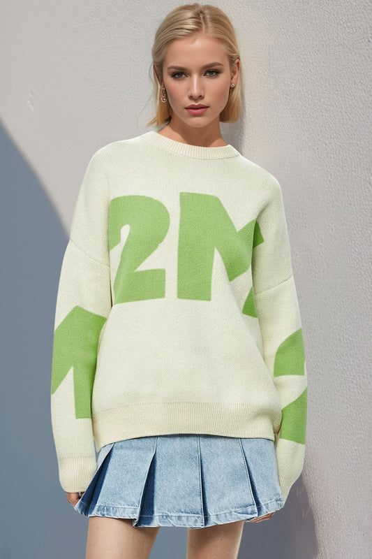 Basic Bae Contrast Letter Round Neck Long Sleeve Sweater-TOPS / DRESSES-[Adult]-[Female]-Lime-One Size-2022 Online Blue Zone Planet