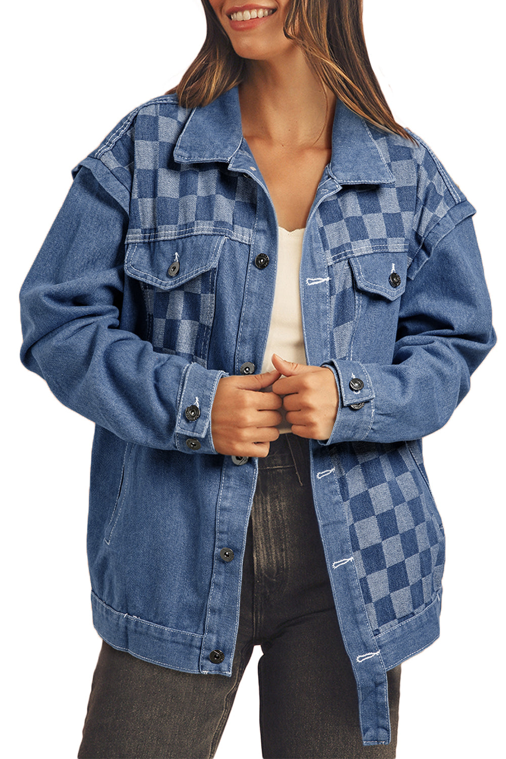 Ashleigh Blue Checkered Patchwork Button Up Denim Jacket-Jackets-[Adult]-[Female]-2022 Online Blue Zone Planet