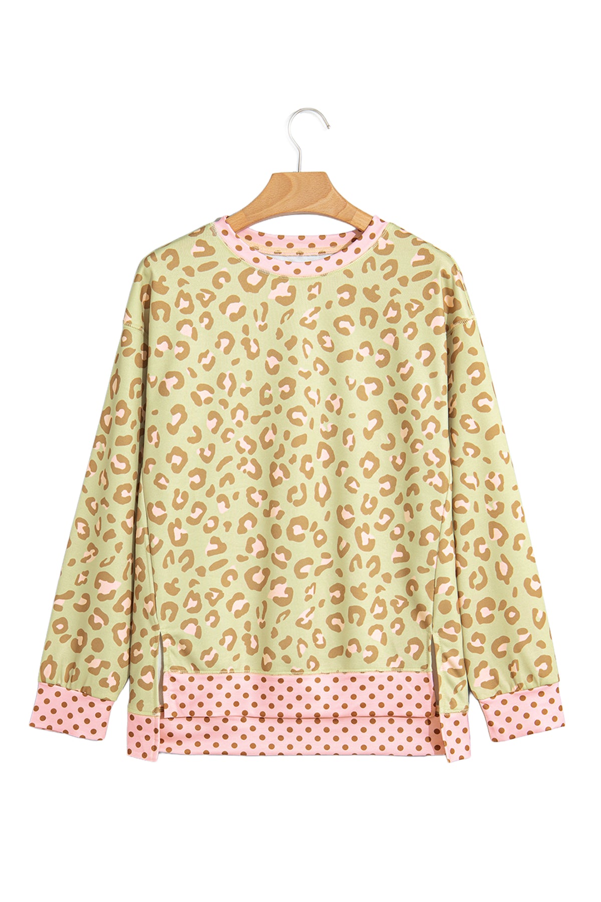 Pink Leopard Polka Dot Colorblock Trim Long Sleeve Top-Tops/Long Sleeve Tops-[Adult]-[Female]-2022 Online Blue Zone Planet