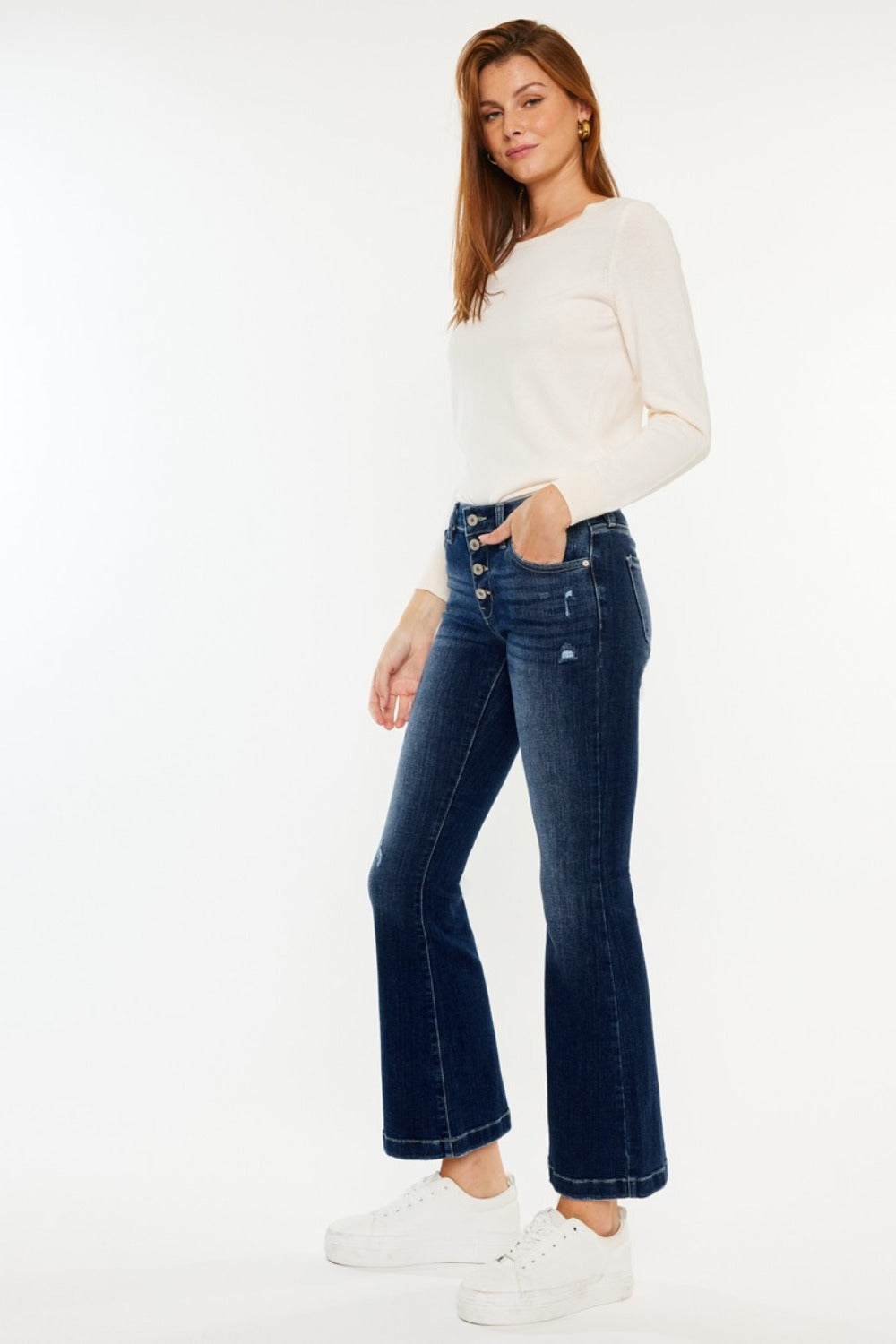 Kancan Mid Rise Button Fly Flare Jeans-BOTTOMS SIZES SMALL MEDIUM LARGE-[Adult]-[Female]-2022 Online Blue Zone Planet