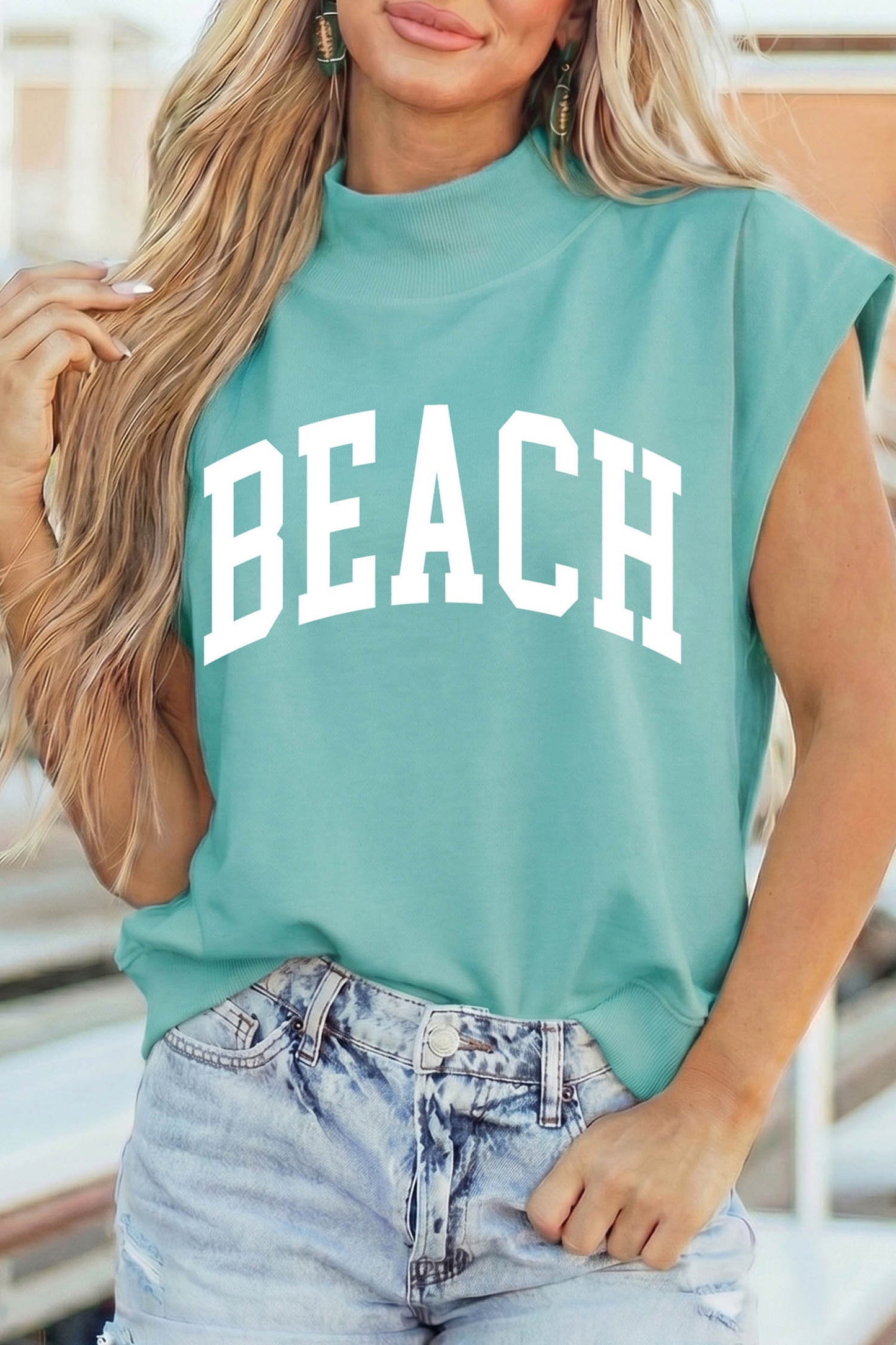 Mint Green High Neck Short Sleeve Beach Graphic Tee