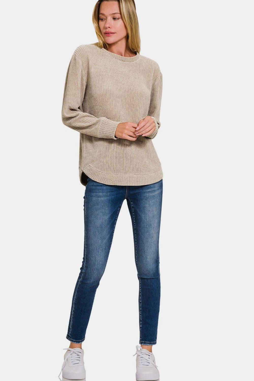 Zenana Chenille Waffle Round Neck Sweater-TOPS / DRESSES-[Adult]-[Female]-2022 Online Blue Zone Planet