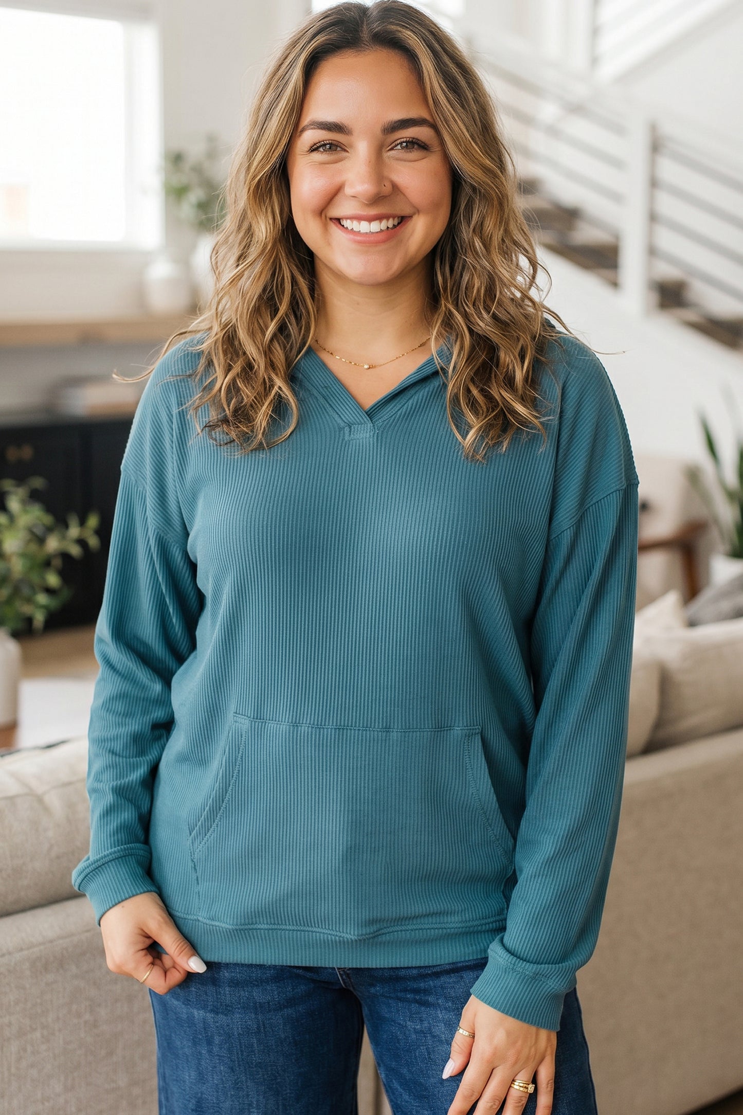 Lapis Ribbed Drop Shoulder Long Sleeve Plus Size Blouse-Tops / Dresses-[Adult]-[Female]-2022 Online Blue Zone Planet
