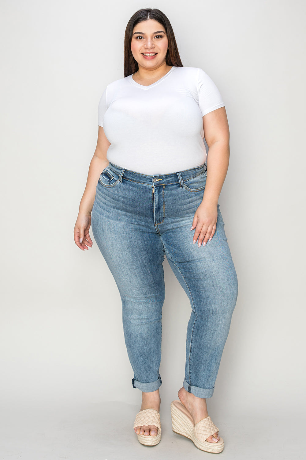 Judy Blue Full Size Cuffed Hem Slim Jeans-BOTTOMS SIZES SMALL MEDIUM LARGE-[Adult]-[Female]-2022 Online Blue Zone Planet