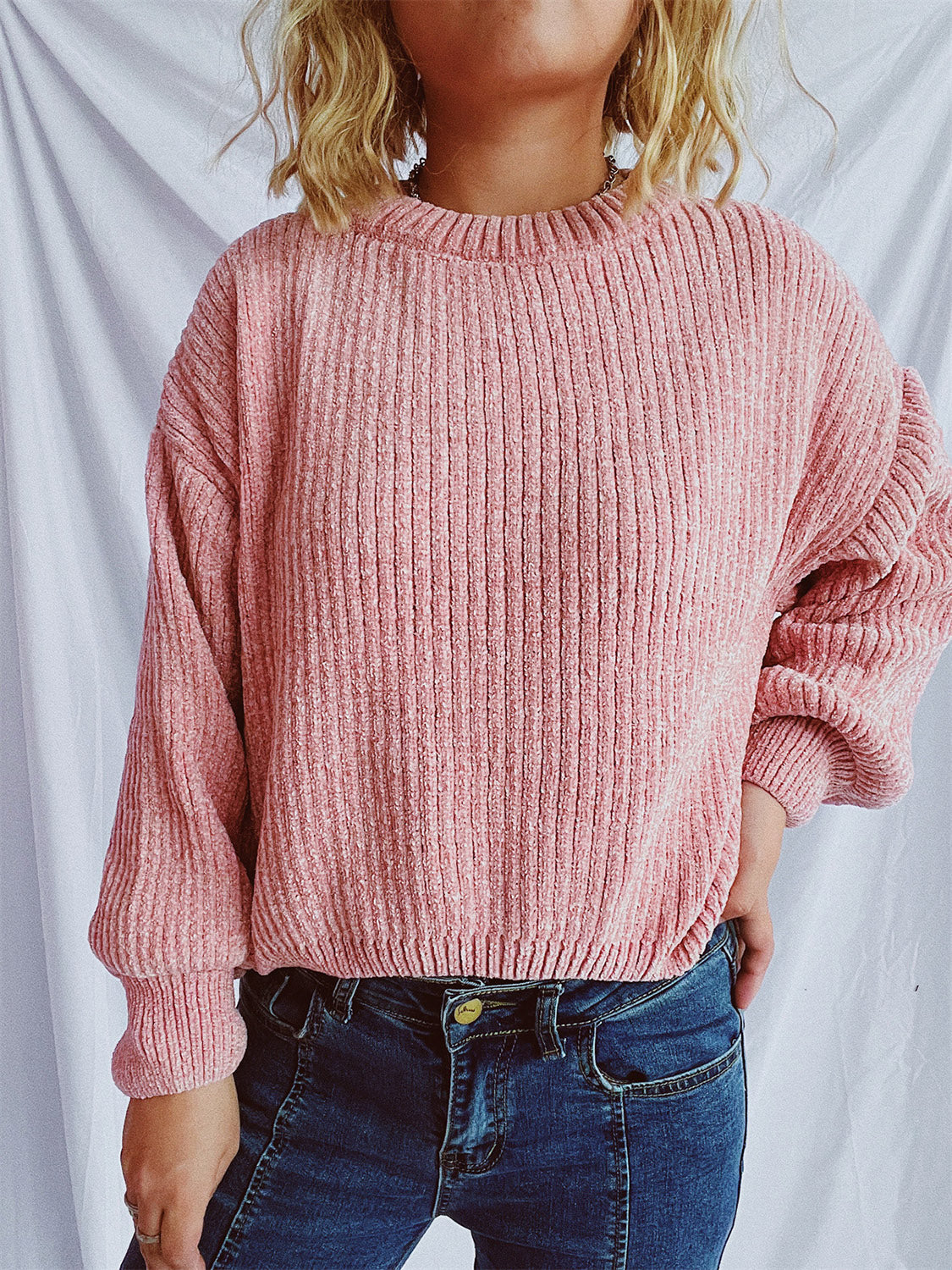 Round Neck Dropped Shoulder Long Sleeve Sweater-TOPS / DRESSES-[Adult]-[Female]-Dusty Pink-One Size-2022 Online Blue Zone Planet