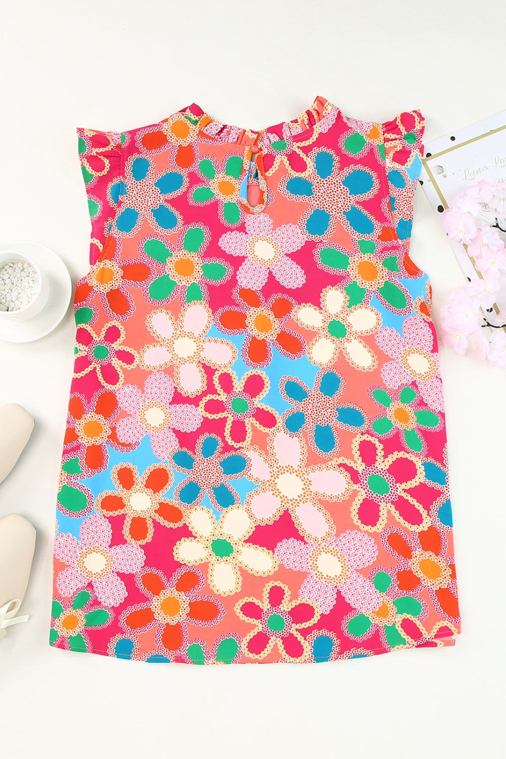 Pink Embroidered Detail Floral Print Ruffle Trim Tank Top-Tops/Tank Tops-[Adult]-[Female]-2022 Online Blue Zone Planet