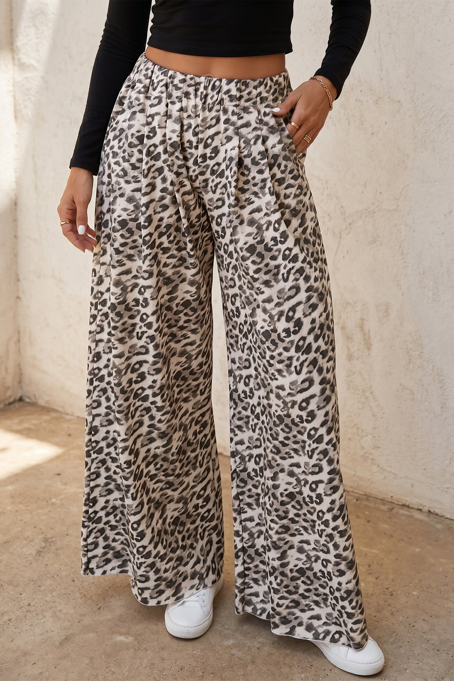 Multicolour Leopard Print Wide Leg Full Length Pants-Bottoms/Pants & Culotte-[Adult]-[Female]-Multicolour-S-2022 Online Blue Zone Planet
