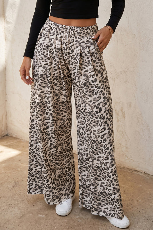 Multicolour Leopard Print Wide Leg Full Length Pants-Bottoms/Pants & Culotte-[Adult]-[Female]-Multicolour-S-2022 Online Blue Zone Planet
