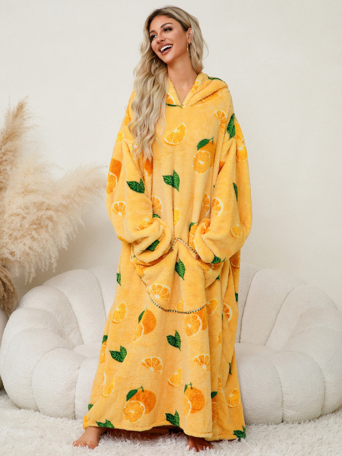 Fuzzy Pocketed Long Sleeve Hooded Lounge Dress-BOTTOMS SIZES SMALL MEDIUM LARGE-[Adult]-[Female]-Yellow-One Size-2022 Online Blue Zone Planet