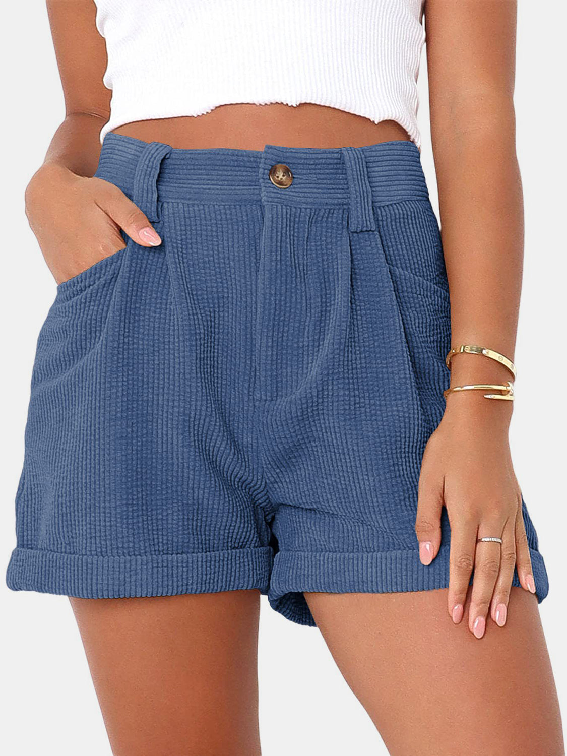 Blue Zone Planet | Full Size High Waist Shorts with Pockets-TOPS / DRESSES-[Adult]-[Female]-Dusty Blue-S-2022 Online Blue Zone Planet