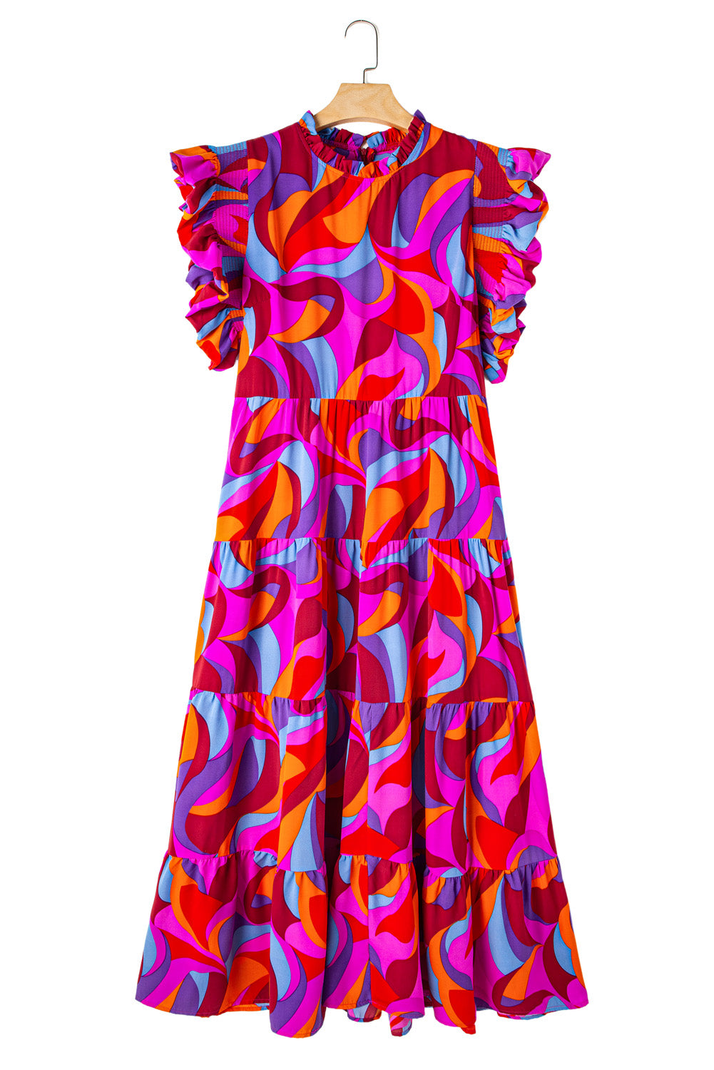 Multicolour Plus Abstract Print Ruffled Mock Neck Tiered Maxi Dress Blue Zone Planet