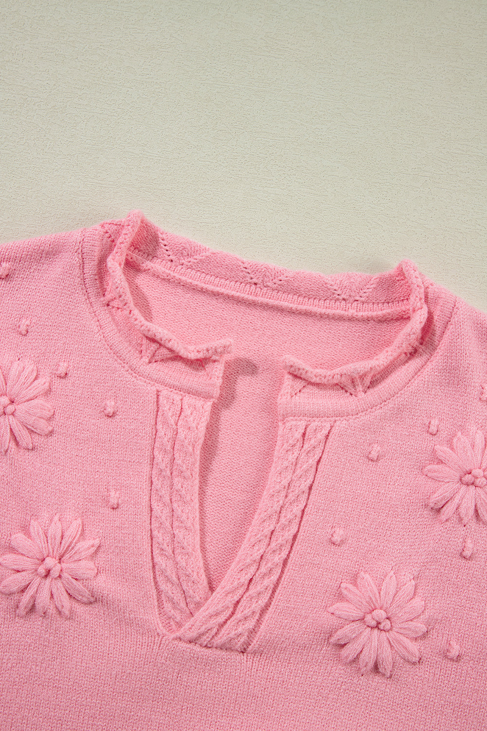 Peach Blossom Flower Detail Knitted Notched Neck Sweater-Sweaters & Cardigans/Sweaters-[Adult]-[Female]-2022 Online Blue Zone Planet