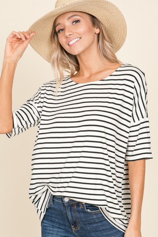 Blue Zone Planet | BOMBOM Striped Round Neck T-Shirt-TOPS / DRESSES-[Adult]-[Female]-Ivory-S-2022 Online Blue Zone Planet