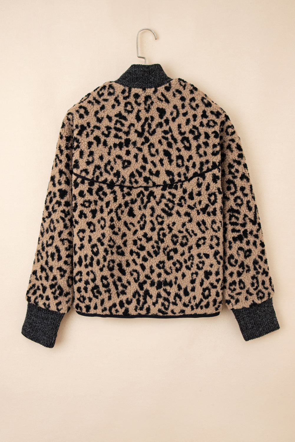 Khaki Leopard Print Zip Up Stand Neck Side Pocket Jacket-Outerwear/Jackets-[Adult]-[Female]-2022 Online Blue Zone Planet