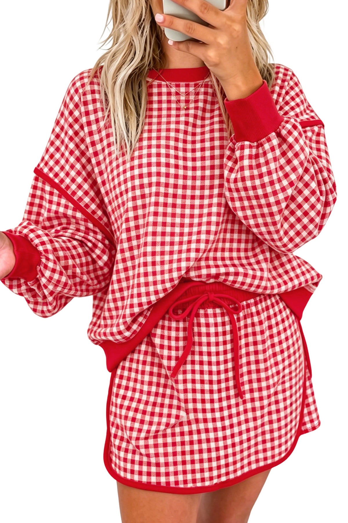 Red Gingham Oversized Ribbed Trim Crew Neck Long Sleeve Top and Skort Set-Two Piece Sets/Two Piece Dresses-[Adult]-[Female]-2022 Online Blue Zone Planet