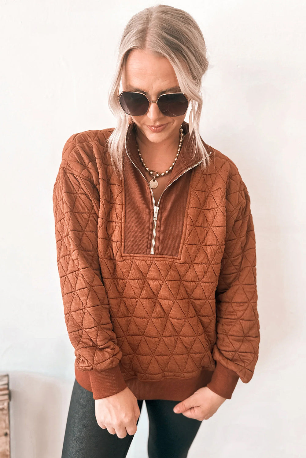 Straw Yellow Geometric Quilted Half Zipped Loose Sweatshirt-Tops/Sweatshirts & Hoodies-[Adult]-[Female]-2022 Online Blue Zone Planet
