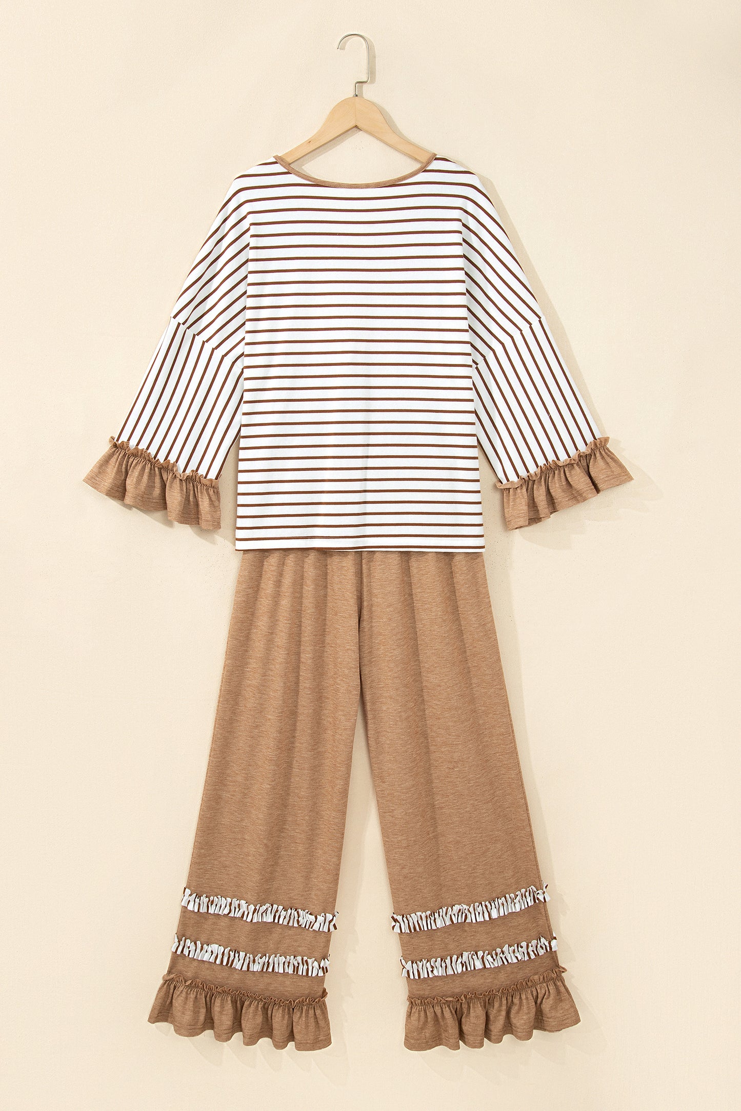Gray Stripe V Neck Ruffle Contrast Sleeve Top Drawstring Pants 2pcs Set-Two Piece Sets/Pant Sets-[Adult]-[Female]-2022 Online Blue Zone Planet