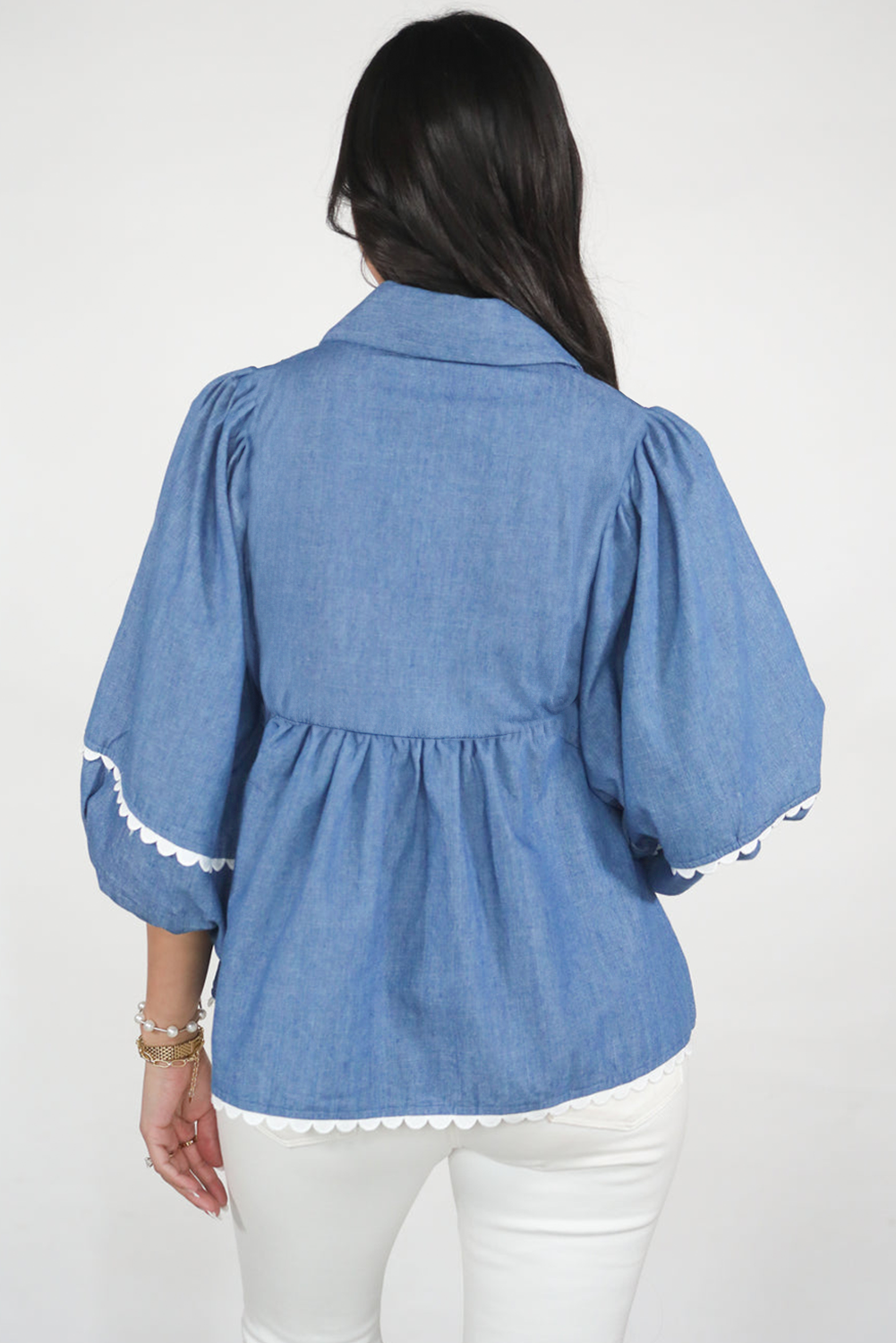 Dusk Blue Lace Ric Rac 3/4 Puff Sleeve Collared Babydoll Blouse-Tops/Blouses & Shirts-[Adult]-[Female]-2022 Online Blue Zone Planet